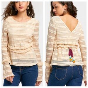 Zara Cream Crochet Boho Fringed Tassel Tie Top Size Medium